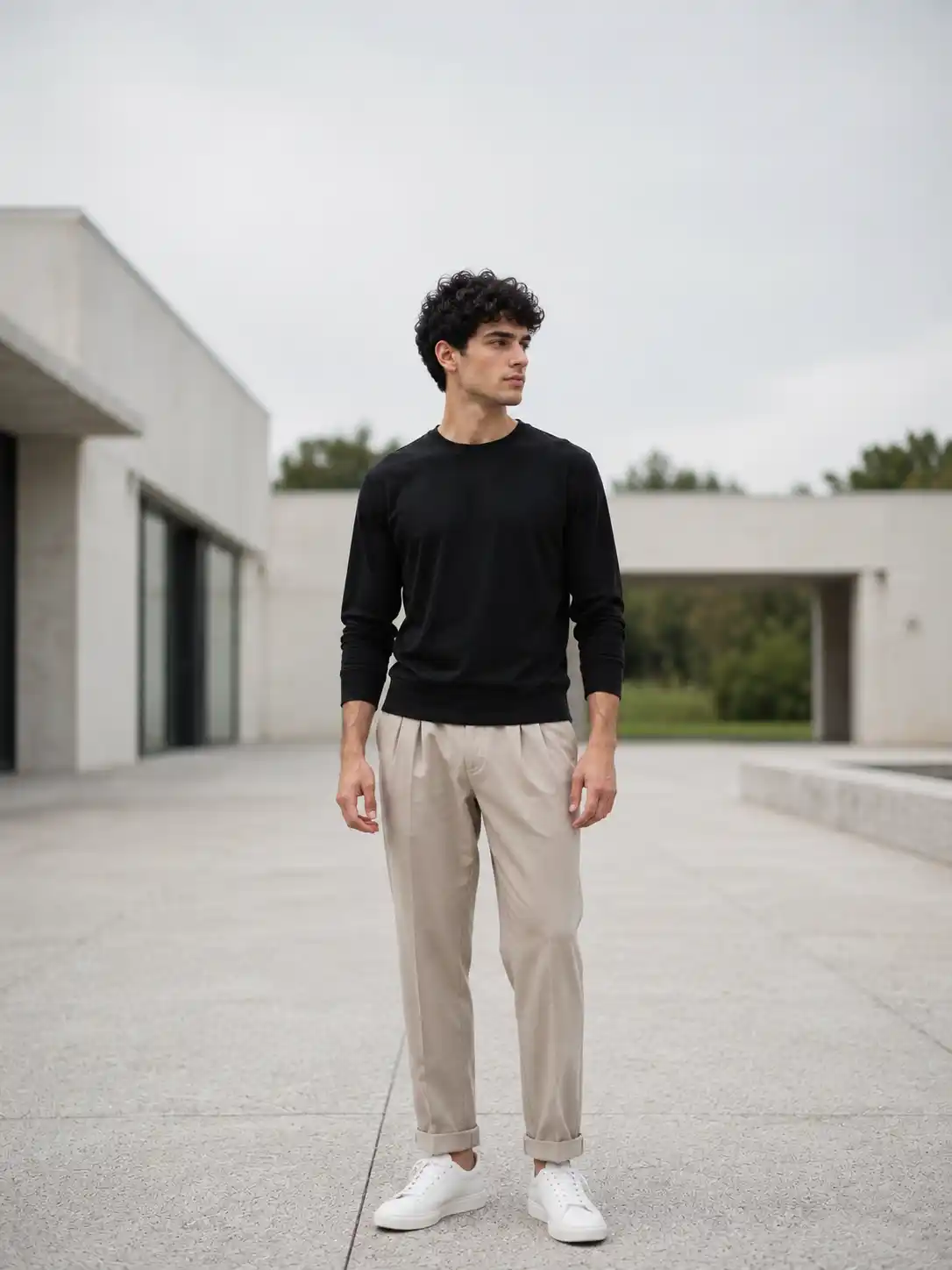 13 Weekday Capsule Outfits For Men: Sharp Every Day 9 Black Long Sleeve Tee With Pleated Stone Trousers