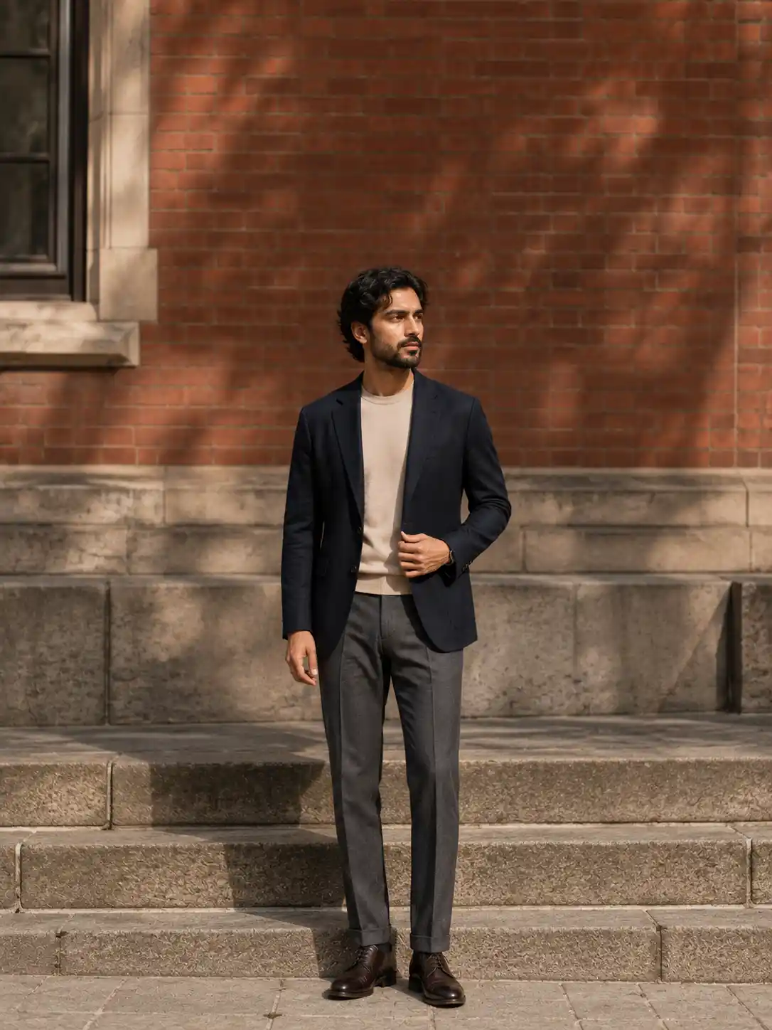 13 Weekday Capsule Outfits For Men: Sharp Every Day 8 Navy Blazer Over An Oatmeal Knit