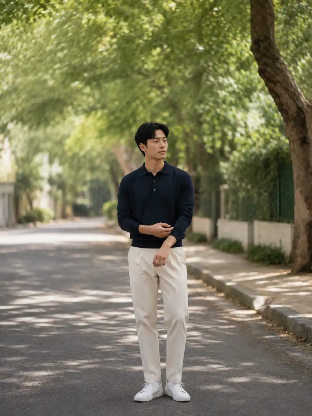 13 Weekday Capsule Outfits For Men: Sharp Every Day 6 Navy Knit Polo With Cream Trousers