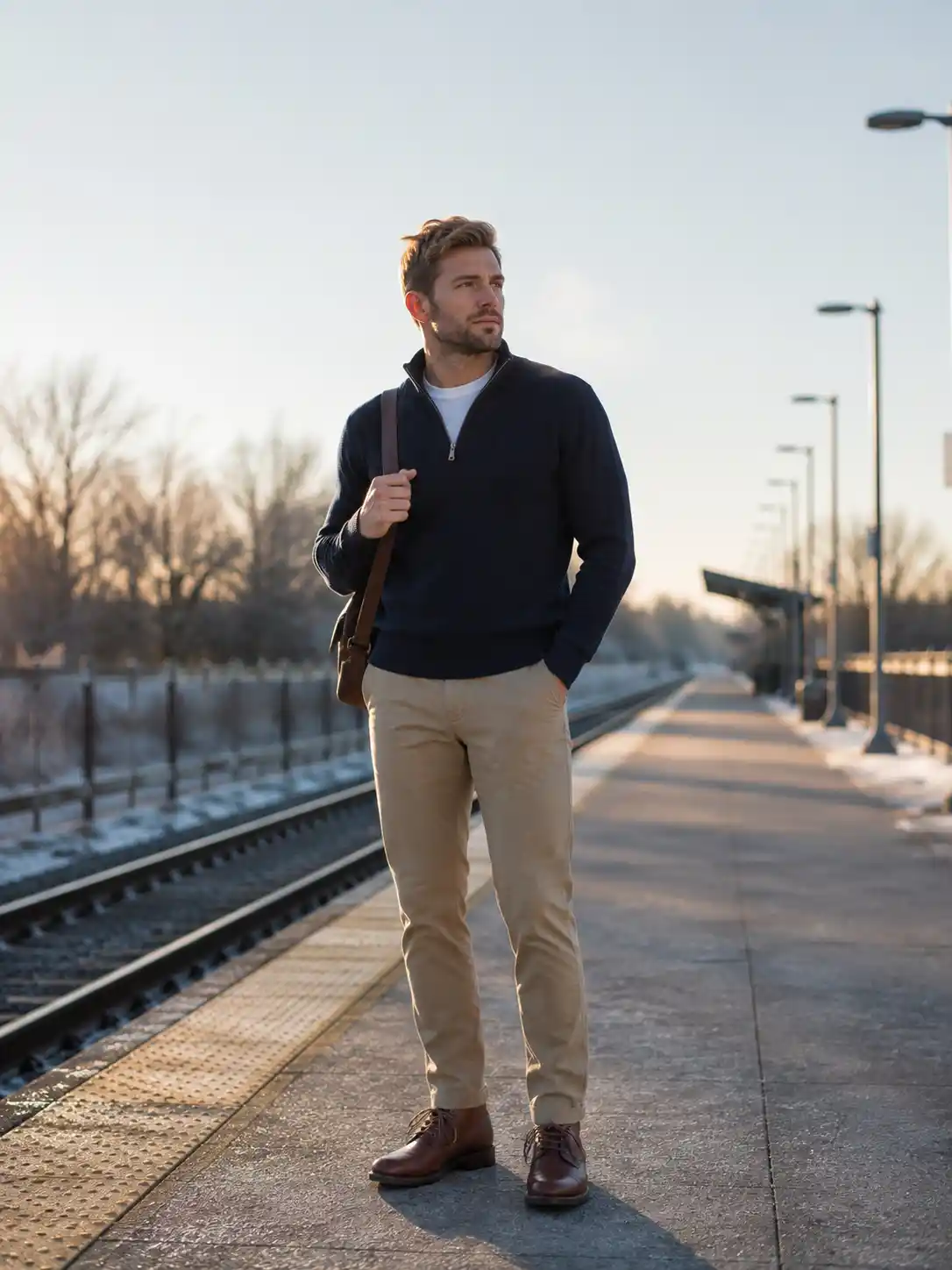13 Weekday Capsule Outfits For Men: Sharp Every Day 7 Navy Quarter Zip With Khaki Chinos And Brown Boots