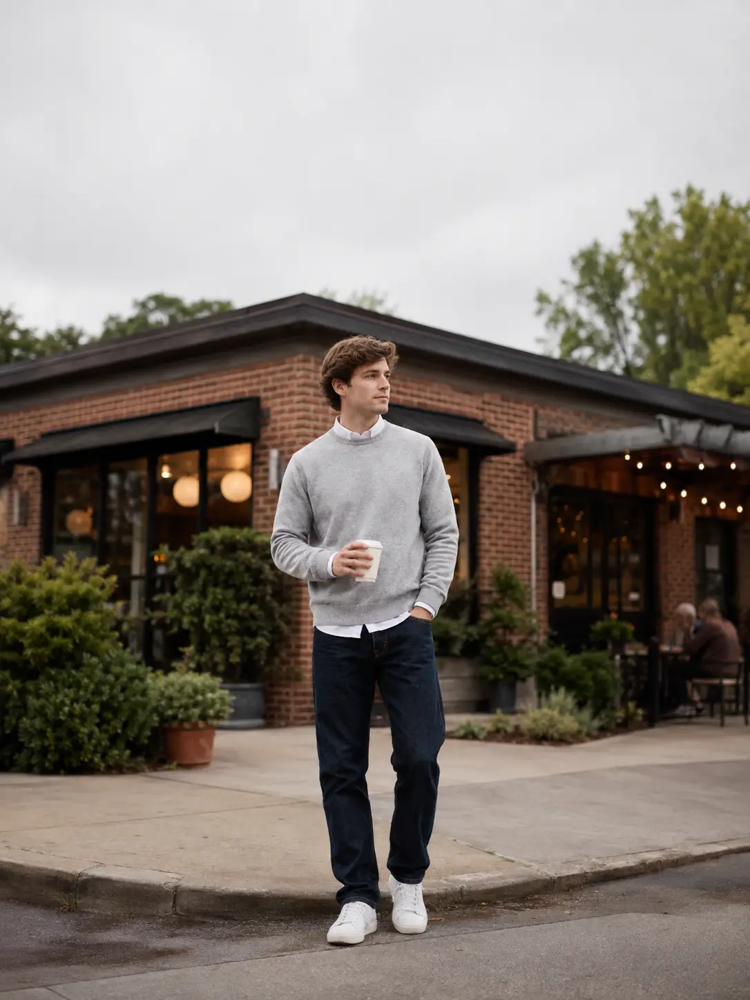 13 Weekday Capsule Outfits For Men: Sharp Every Day 4 Grey Sweatshirt Over A White Collared Shirt