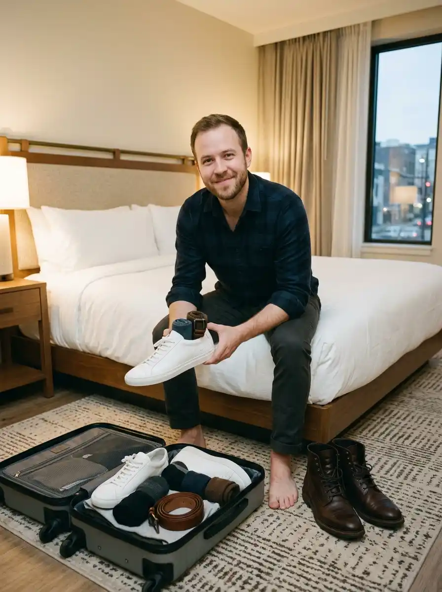 5 Piece Capsule Wardrobe for Men's Week Long Trips (12 Outfits, One Carry On) 8 Two Pairs of Shoes, and That Is the Ceiling