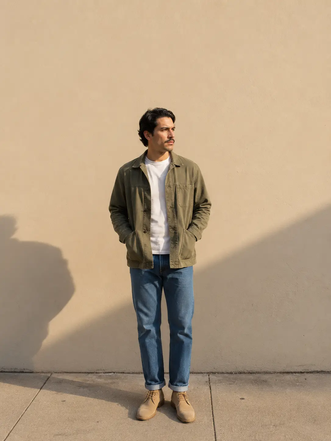 13 Weekday Capsule Outfits For Men: Sharp Every Day 5 Olive Chore Jacket Over A Plain White Tee