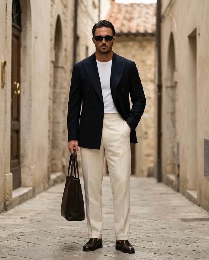 18 Travel Capsule Wardrobe Ideas for Men: Fly Light, Look Sharp 12 A Double-Breasted Blazer Turns Cream Trousers Into the One Dinner Outfit