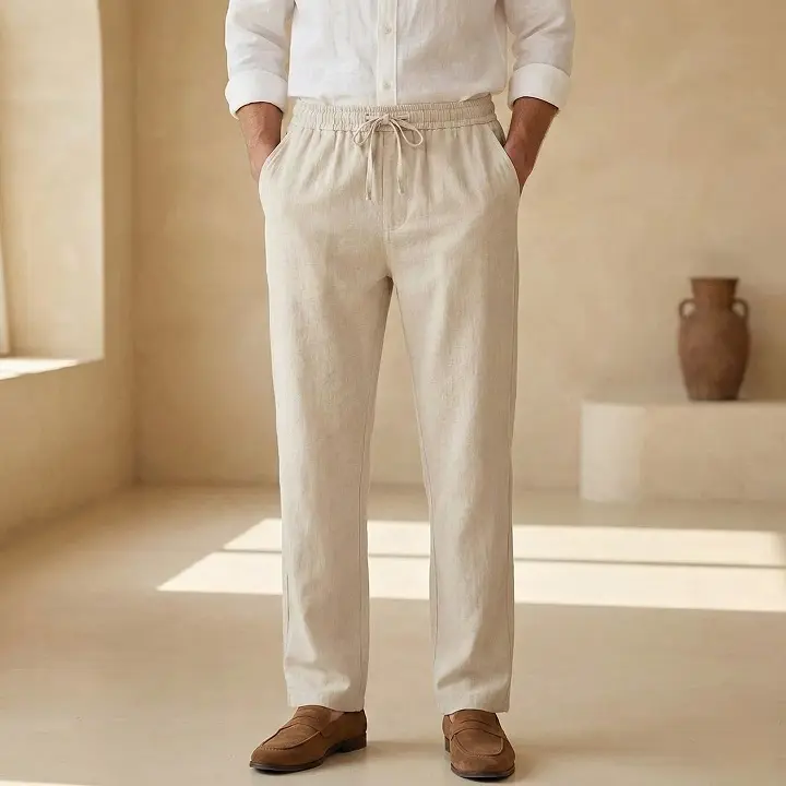 29 Summer Capsule Wardrobe Essentials for Men's Carry-Ons 13 Sand Coloured Linen Trousers, Loose but Not Sloppy
