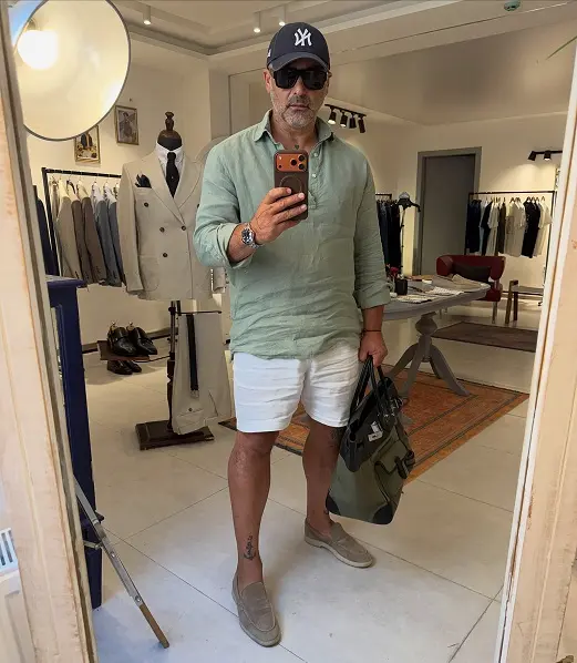 18 Airport Outfit Men Summer Ideas That Stay Cool All Flight 2 Sage Linen Popover With White Shorts for Short Summer Flights