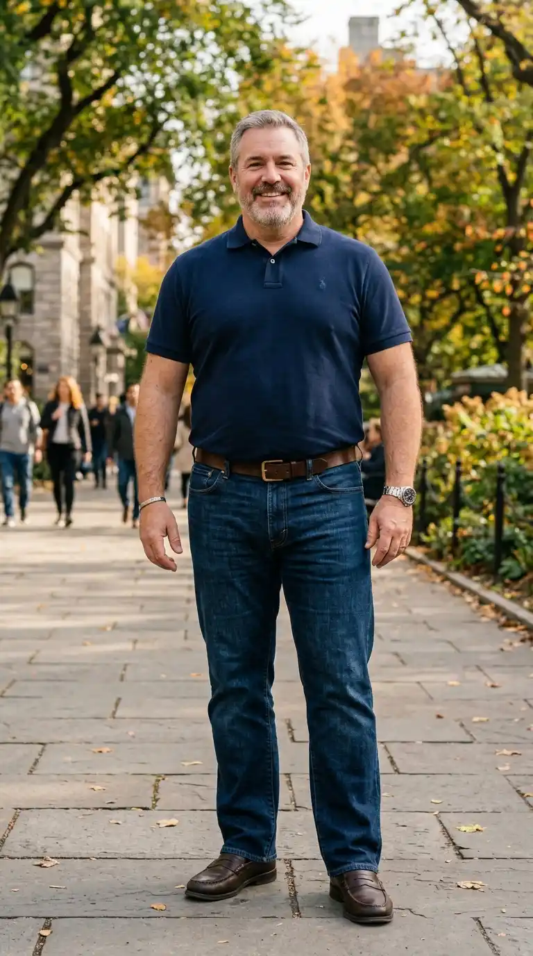 11 Weekend Outfits for Curvy Men Over 40 (casual & Comfy) 4 1. Classic Polo Shirt with Straight-Leg Jeans