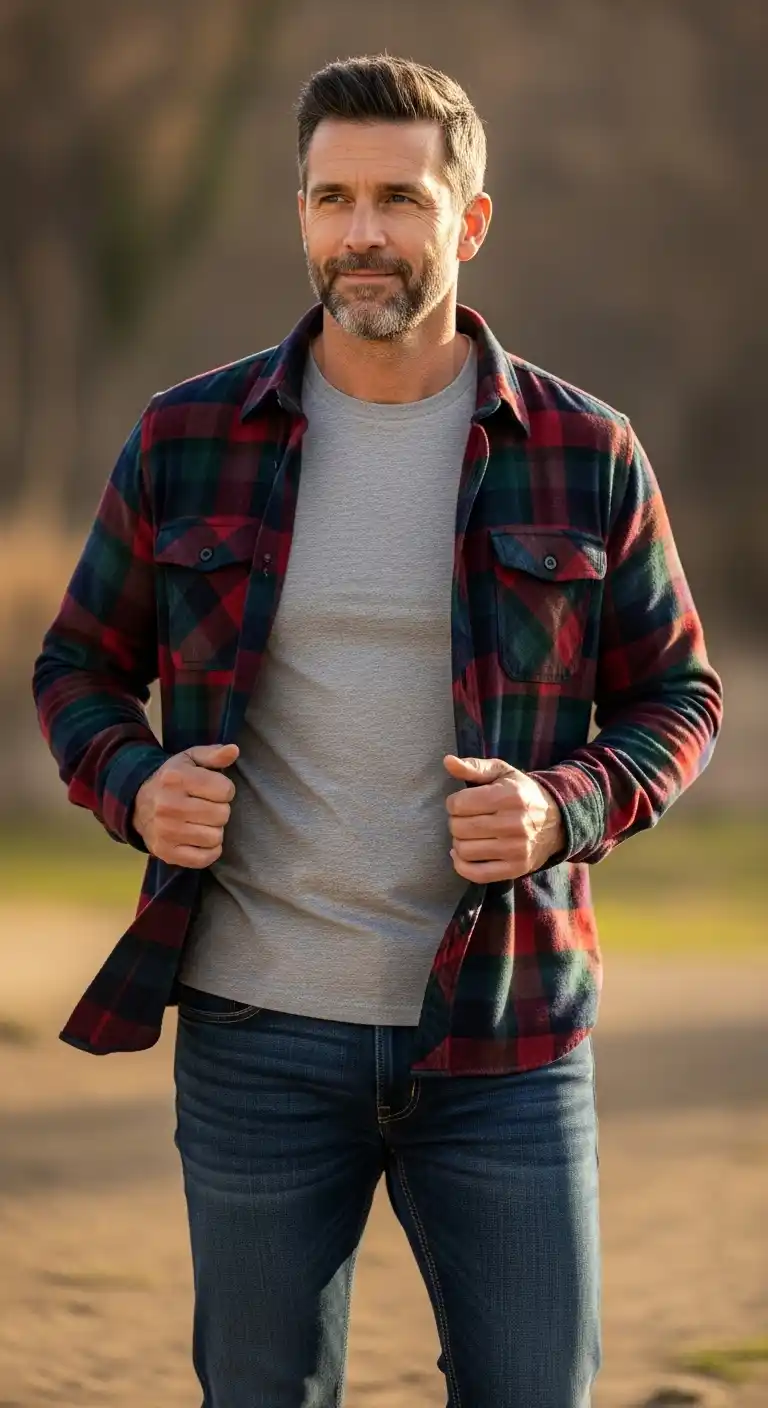 13 Stylish Layered Looks for Curvy Men Over 40 (Fall & Winter) 5 1. Classic T-Shirt with Open Flannel Shirt and Dark Jeans