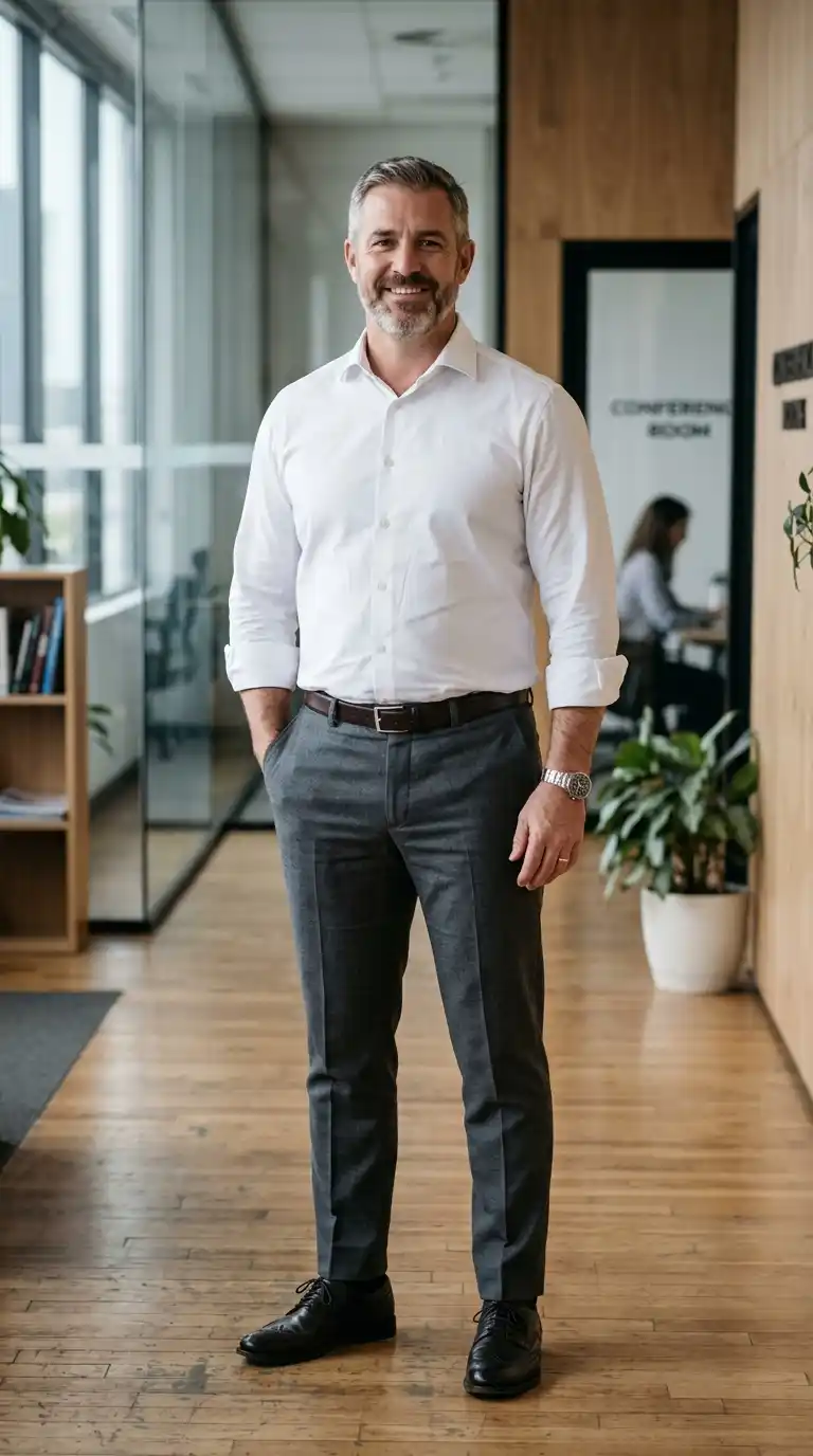 1. Classic White Shirt with Charcoal Trousers for a Clean Professional Look