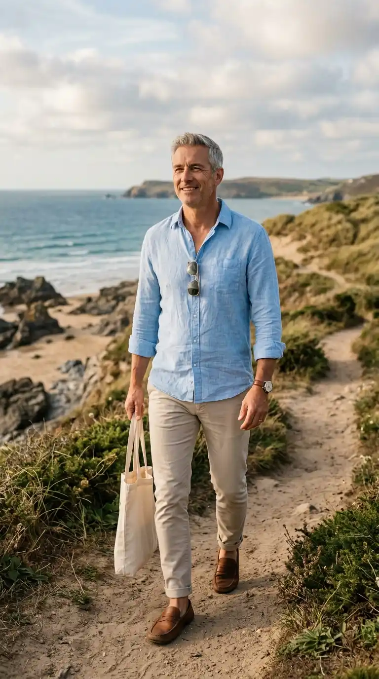 20 Men’s Travel Outfit Ideas for Spring Vacations 4 1. Lightweight Linen Shirt with Slim Chinos for Coastal Walks