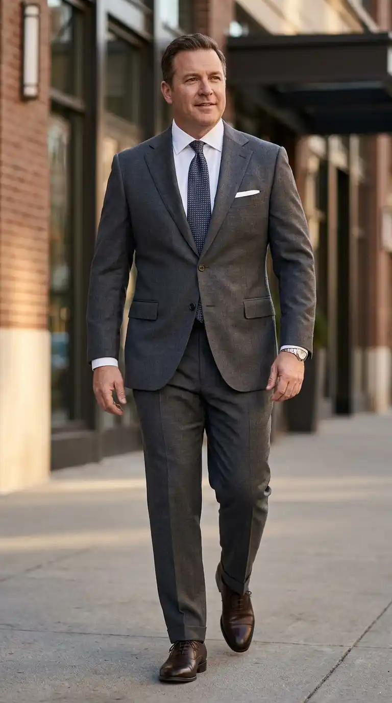 19 Suit Styles for Curvy Men Over 40 That Actually Flatter 8 1. Single-Breasted Two-Button Suit for Curvy Men Over 40