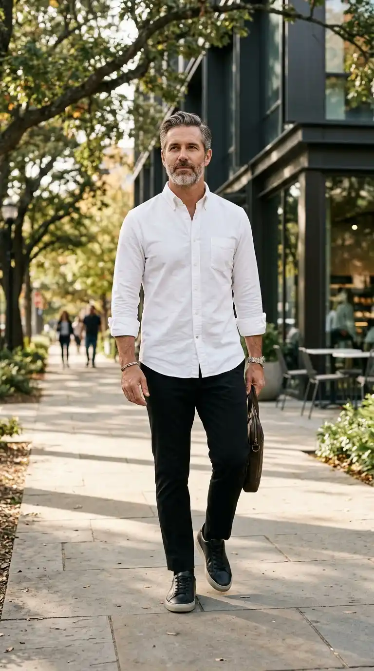 The Wardrobe Edit: 11 Minimalist Outfits for Men That Actually Work 4 1. White Oxford Shirt with Black Trousers and Leather Sneakers