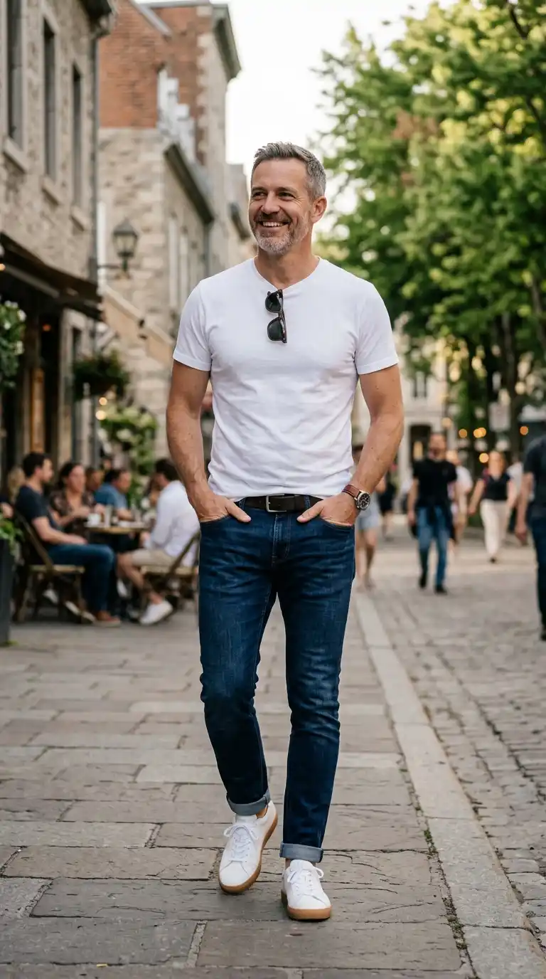 Weekend Outfits for Men Minimalist Wardrobe: 10 Stylish Ideas 4 1. White T-Shirt With Slim Blue Jeans and Clean Sneakers