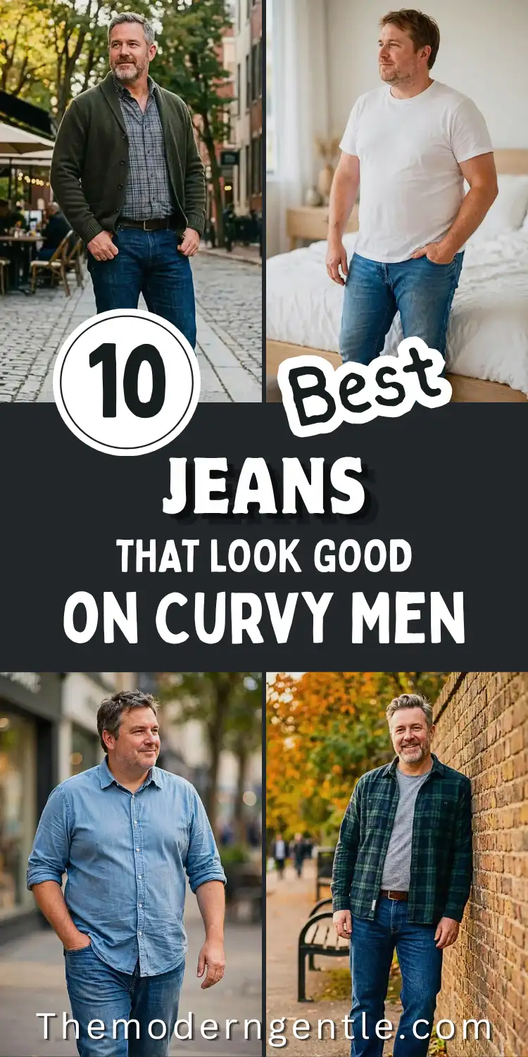 Four photo collage of mature men wearing dark wash jeans styled with a green cardigan and plaid shirt on a cobblestone street, a plain white tee near a bed, a chambray shirt on a city sidewalk, and a plaid flannel against a brick wall. Bold black and white text reads "10 Best Jeans That Look Good on Curvy Men" over a dark banner, highlighting relaxed fit and straight leg options for men over 40.