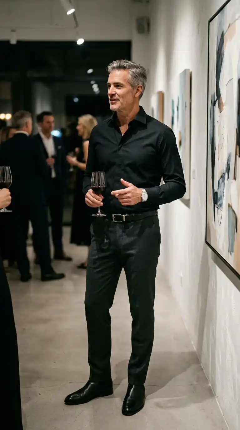 15 Minimalist Shirt Styles for Men Over 40 (Neutral Colors Only) 13 10. Black Minimalist Dress Shirts for Evening Elegance