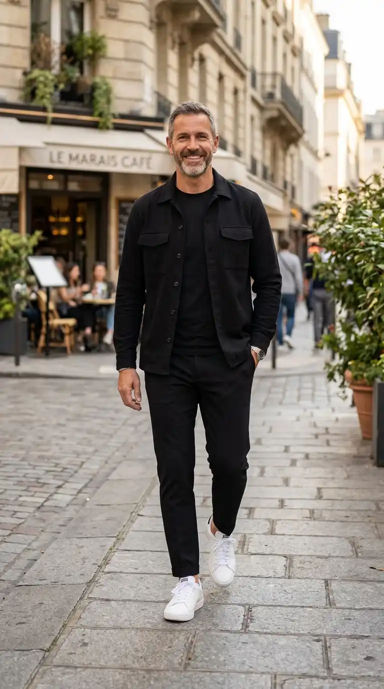 The Wardrobe Edit: 11 Minimalist Outfits for Men That Actually Work 13 10. Black Overshirt with Matching Trousers and White Sneakers