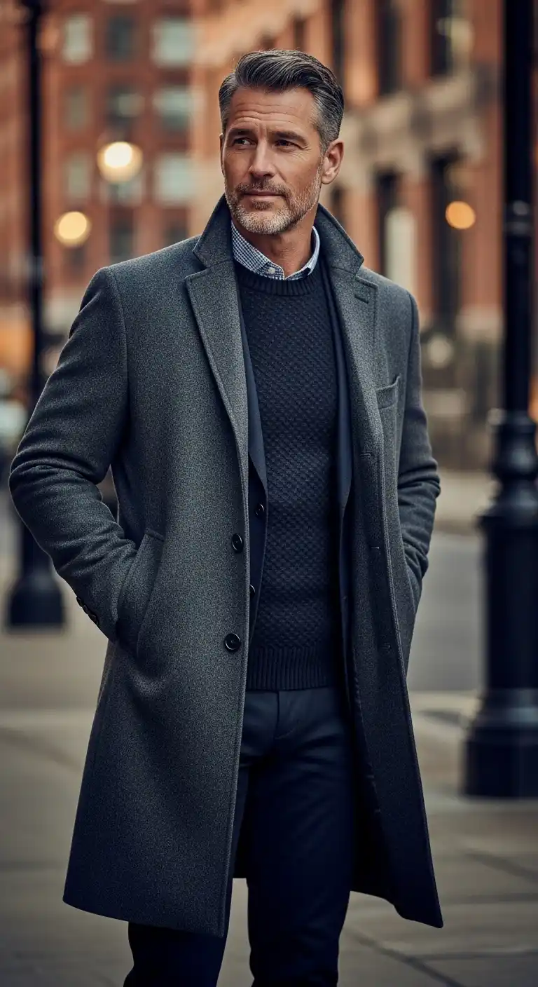 13 Stylish Layered Looks for Curvy Men Over 40 (Fall & Winter) 14 10. Knit Sweater with Long Coat