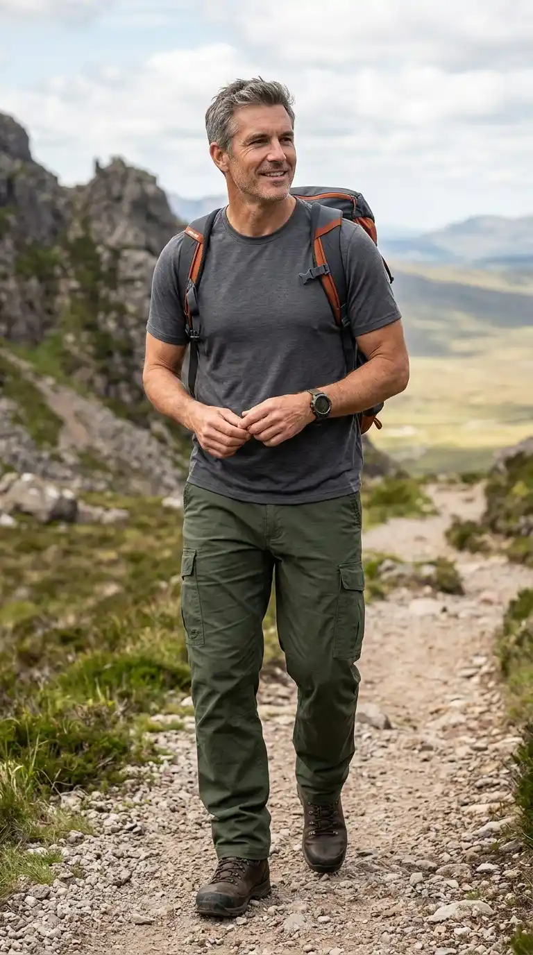 20 Men’s Travel Outfit Ideas for Spring Vacations 13 10. Relaxed T-Shirt with Cargo Pants for Adventure Excursions