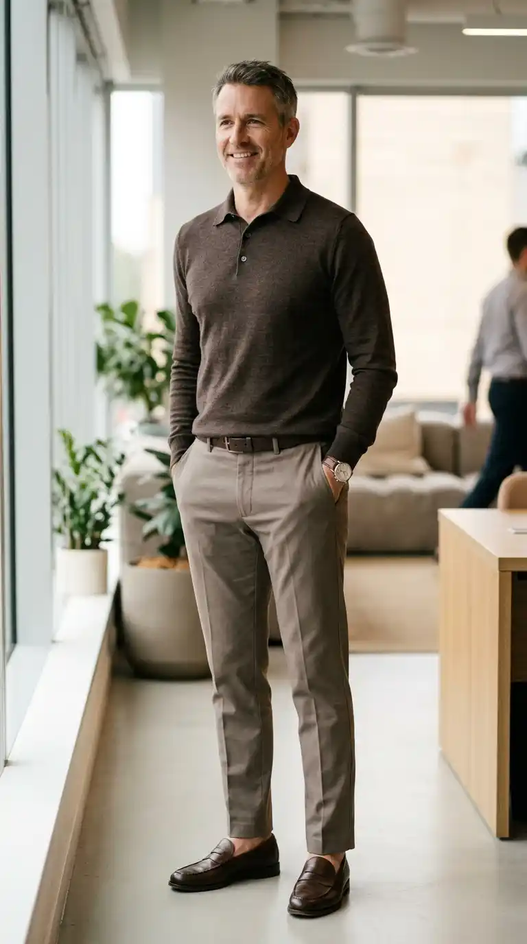 21 Capsule Workwear Outfits for Men (Minimal Office Style) 19 10. Stone-Colored Trousers with Dark Brown Knit Polo