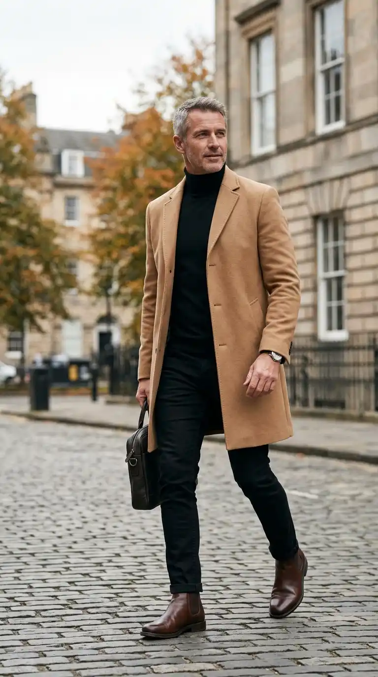 The Wardrobe Edit: 11 Minimalist Outfits for Men That Actually Work 14 11. Camel Overcoat with Black Basics and Leather Boots