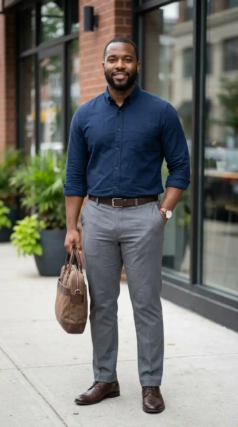 11. Dark Blue Shirt with Grey Pants for a Polished Look