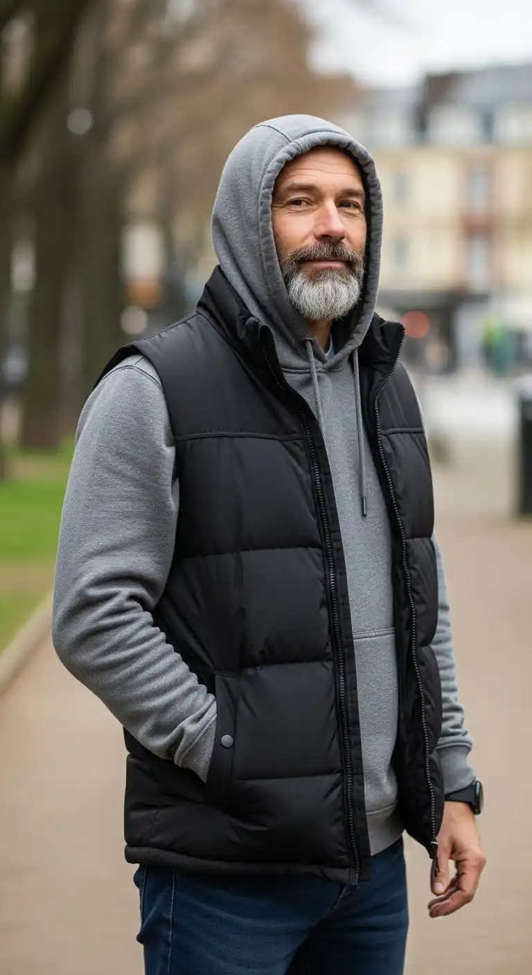 13 Stylish Layered Looks for Curvy Men Over 40 (Fall & Winter) 15 11. Hoodie with Puffer Vest