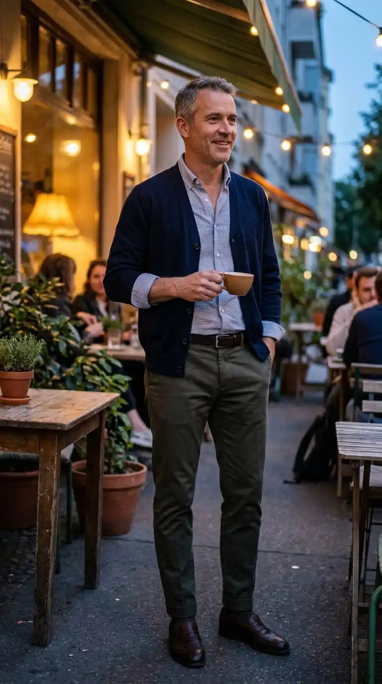 20 Men’s Travel Outfit Ideas for Spring Vacations 14 11. Lightweight Cardigan with Tapered Pants for Cooler Evenings