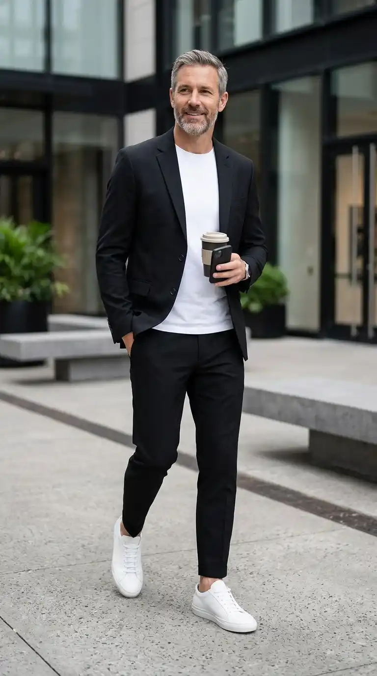 21 Capsule Workwear Outfits for Men (Minimal Office Style) 20 11. Minimal Black Suit with White Sneakers