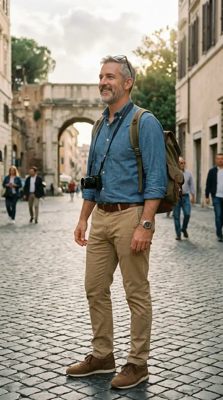 20 Men’s Travel Outfit Ideas for Spring Vacations 15 12. Chambray Shirt with Khaki Pants for Casual Sightseeing