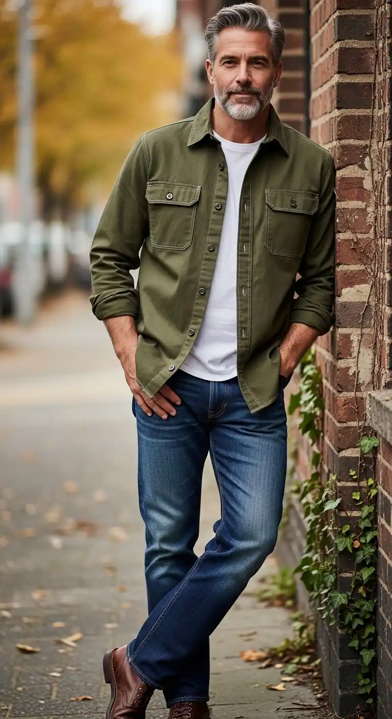 13 Stylish Layered Looks for Curvy Men Over 40 (Fall & Winter) 16 12. Shirt Jacket with Basic Tee and Jeans
