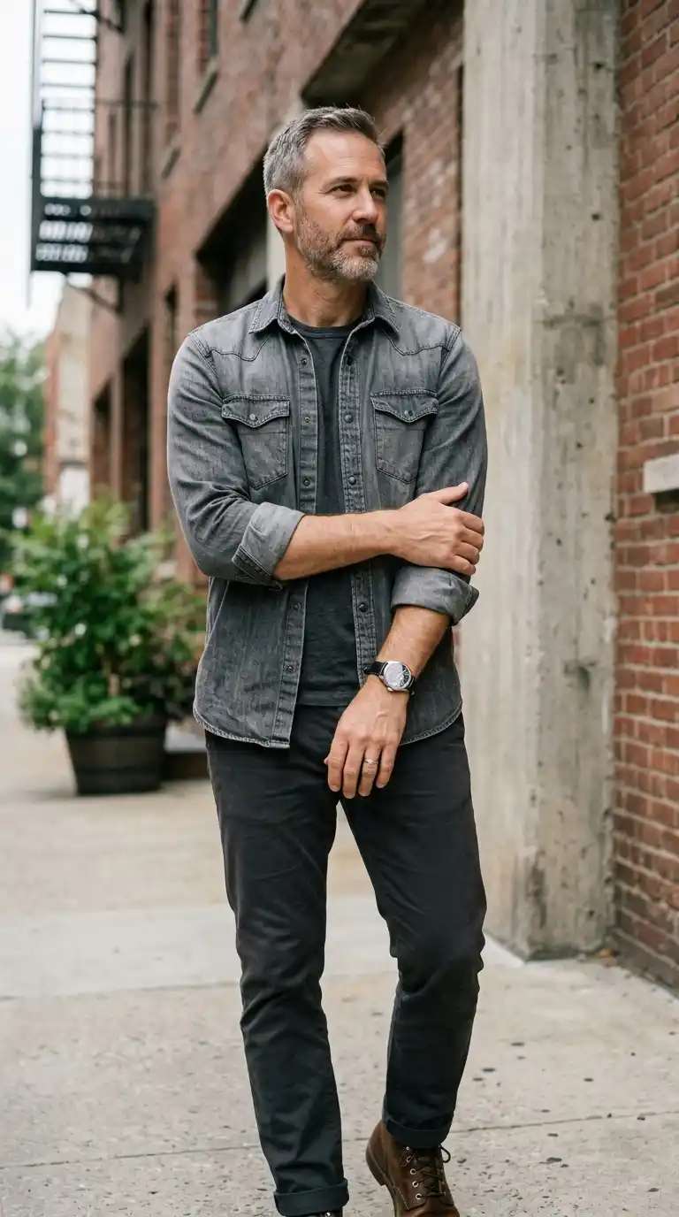 15 Minimalist Shirt Styles for Men Over 40 (Neutral Colors Only) 15 12. Stone Gray Denim Shirts for Rugged Minimalist Styling