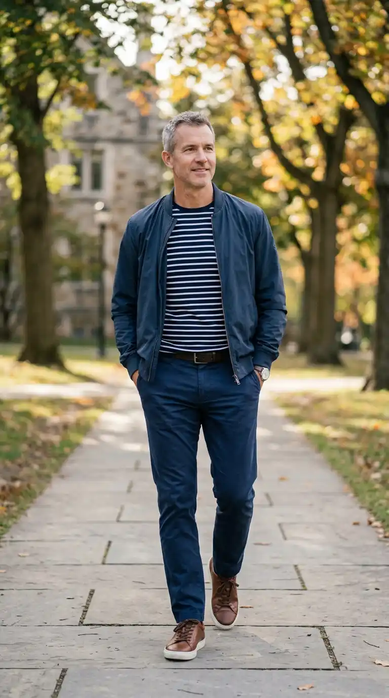 21 Capsule Workwear Outfits for Men (Minimal Office Style) 21 12. Striped Shirt with Navy Chinos and Lightweight Jacket