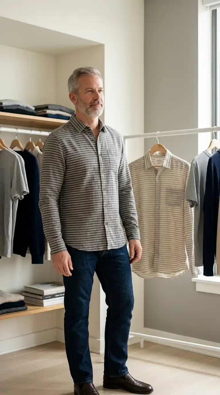 15 Minimalist Shirt Styles for Men Over 40 (Neutral Colors Only) 16 13. Minimal Stripe Neutral Shirts for Subtle Visual Interest