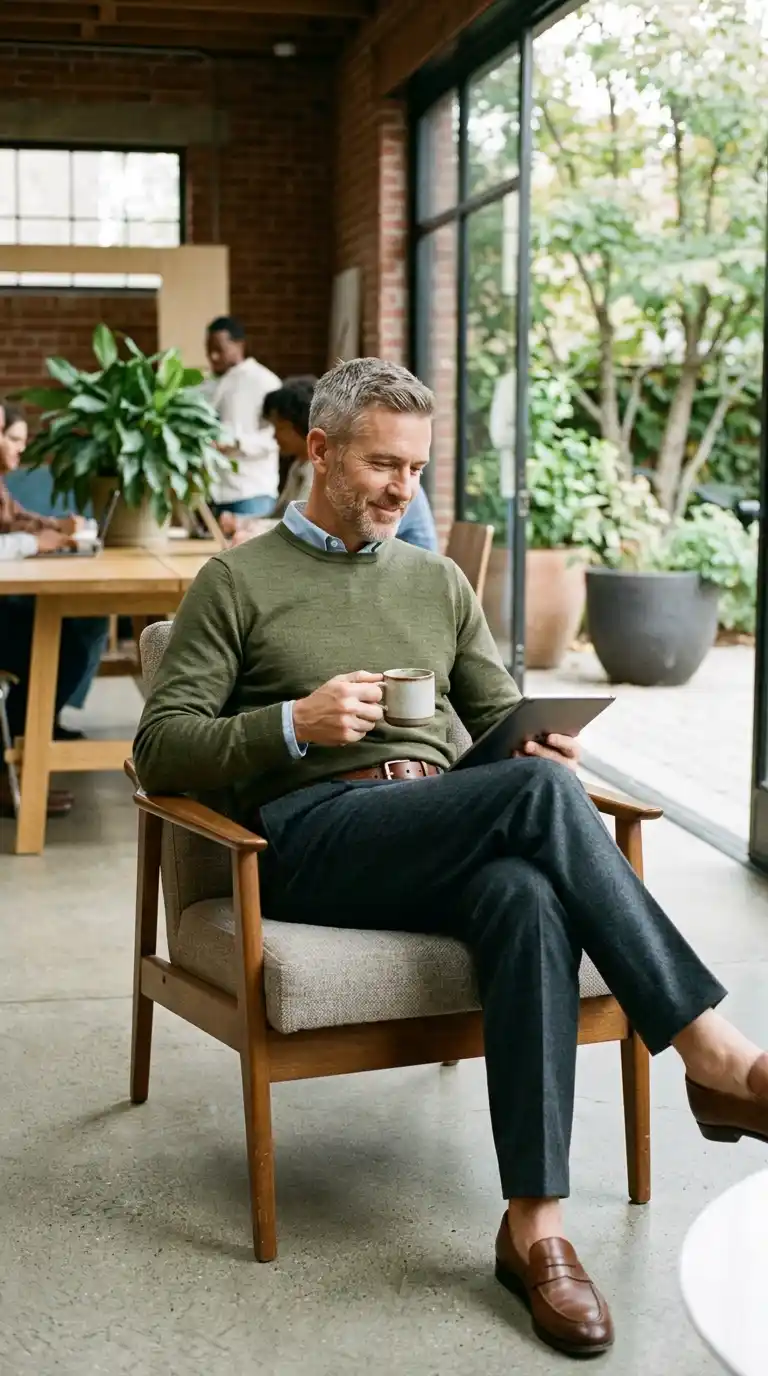 21 Capsule Workwear Outfits for Men (Minimal Office Style) 9 13. Relaxed Fit Trousers with Lightweight Crewneck Sweater
