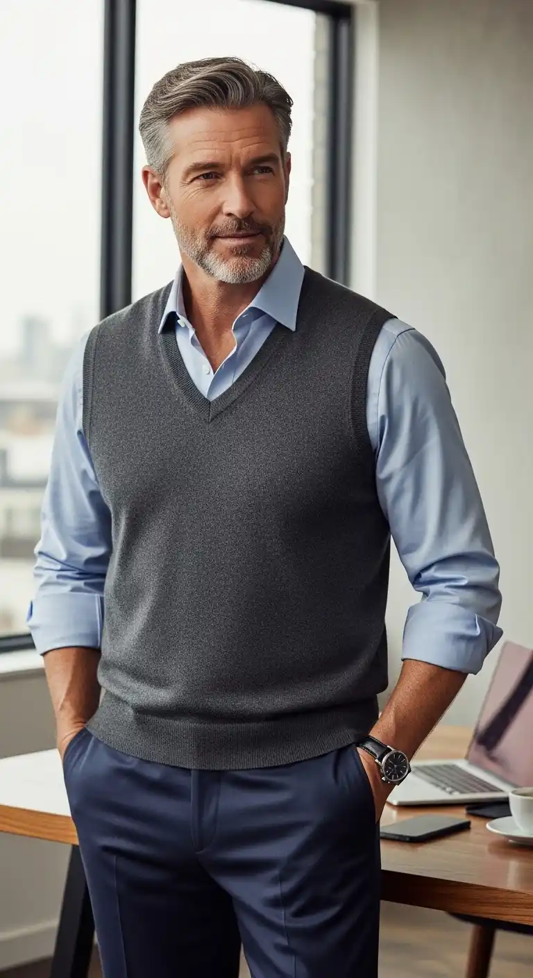 13 Stylish Layered Looks for Curvy Men Over 40 (Fall & Winter) 17 13. Sweater Vest Over Button-Up Shirt