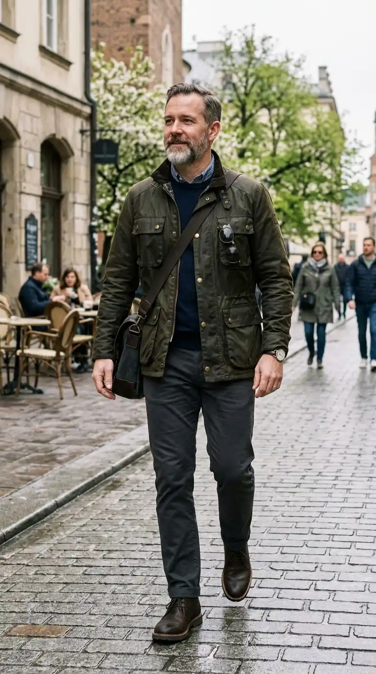 20 Men’s Travel Outfit Ideas for Spring Vacations 16 13. Utility Jacket with Dark Chinos for Unpredictable Weather