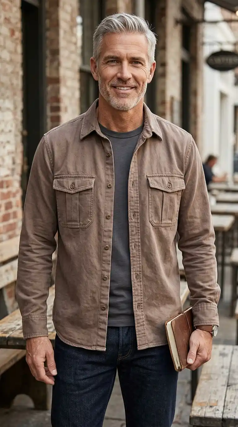 15 Minimalist Shirt Styles for Men Over 40 (Neutral Colors Only) 17 14. Dusty Brown Utility Shirts for Everyday Practical Fashion