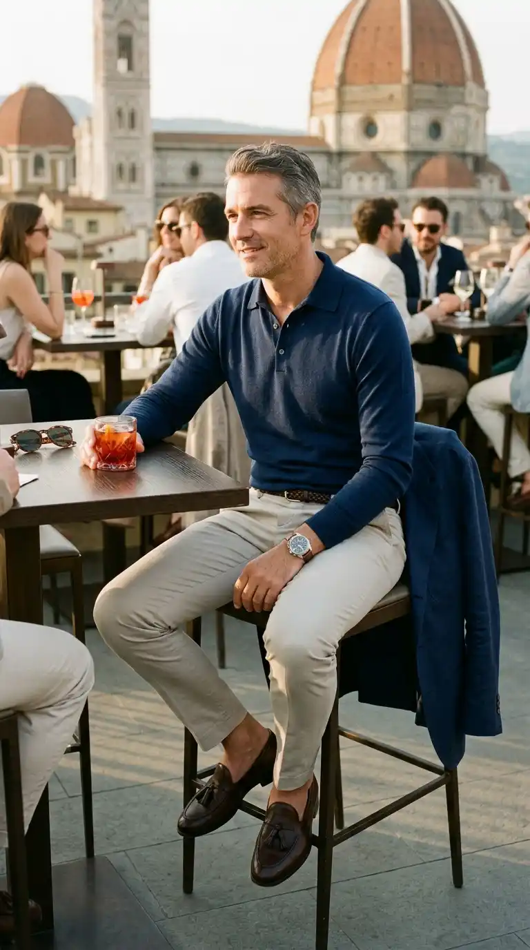 20 Men’s Travel Outfit Ideas for Spring Vacations 17 14. Polo Sweater with Slim Trousers for Smart Casual Vacations