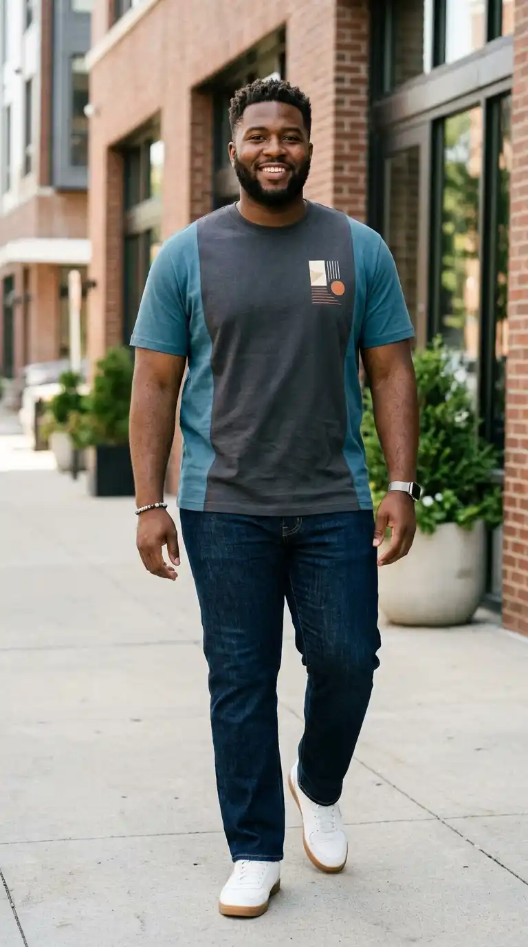 20 Curvy-Friendly Graphic Tees for Curvy Men Over 40 18 15. Color-Block Graphic Tees for Balanced Proportions