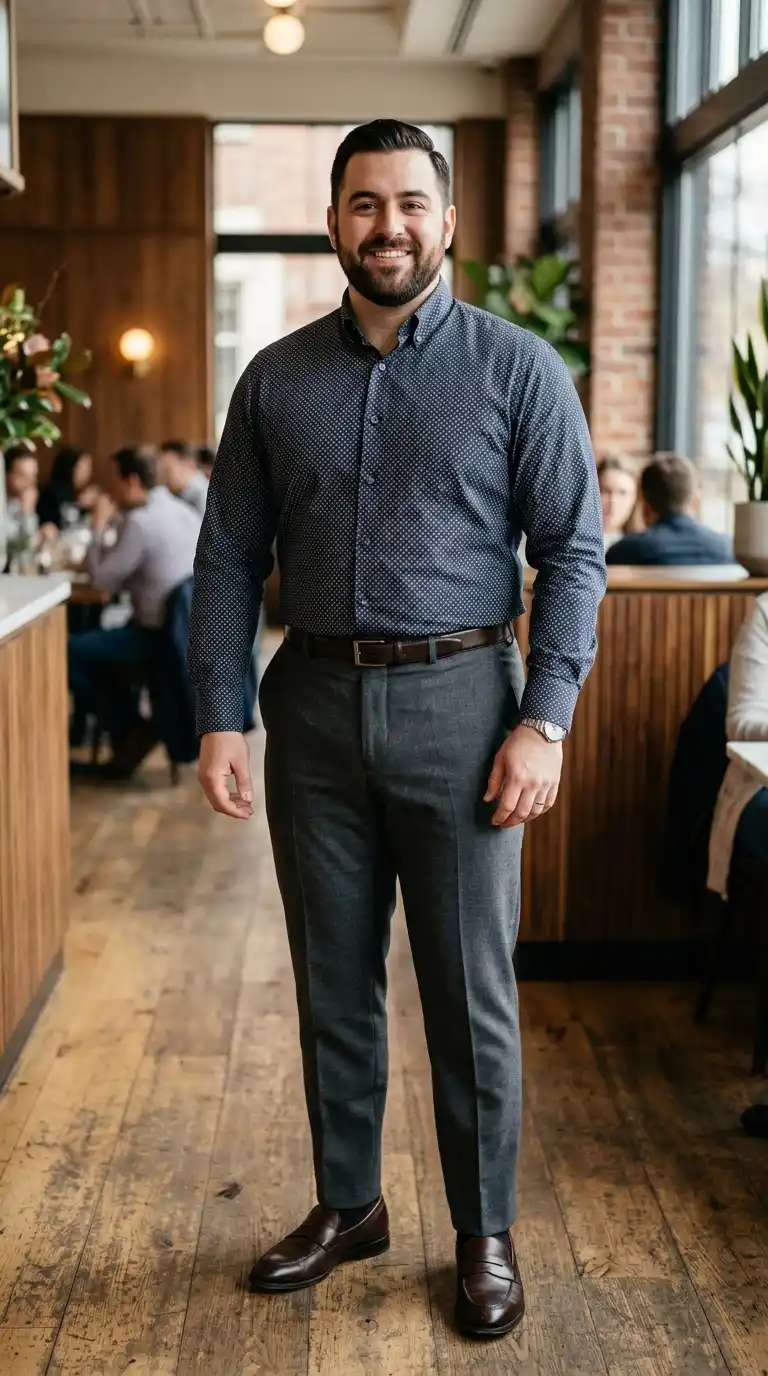 15. Subtle Pattern Shirt with Tailored Trousers for Smart Finishing