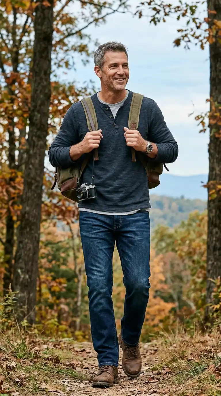20 Men’s Travel Outfit Ideas for Spring Vacations 19 16. Henley Shirt with Stretch Jeans for Everyday Exploring