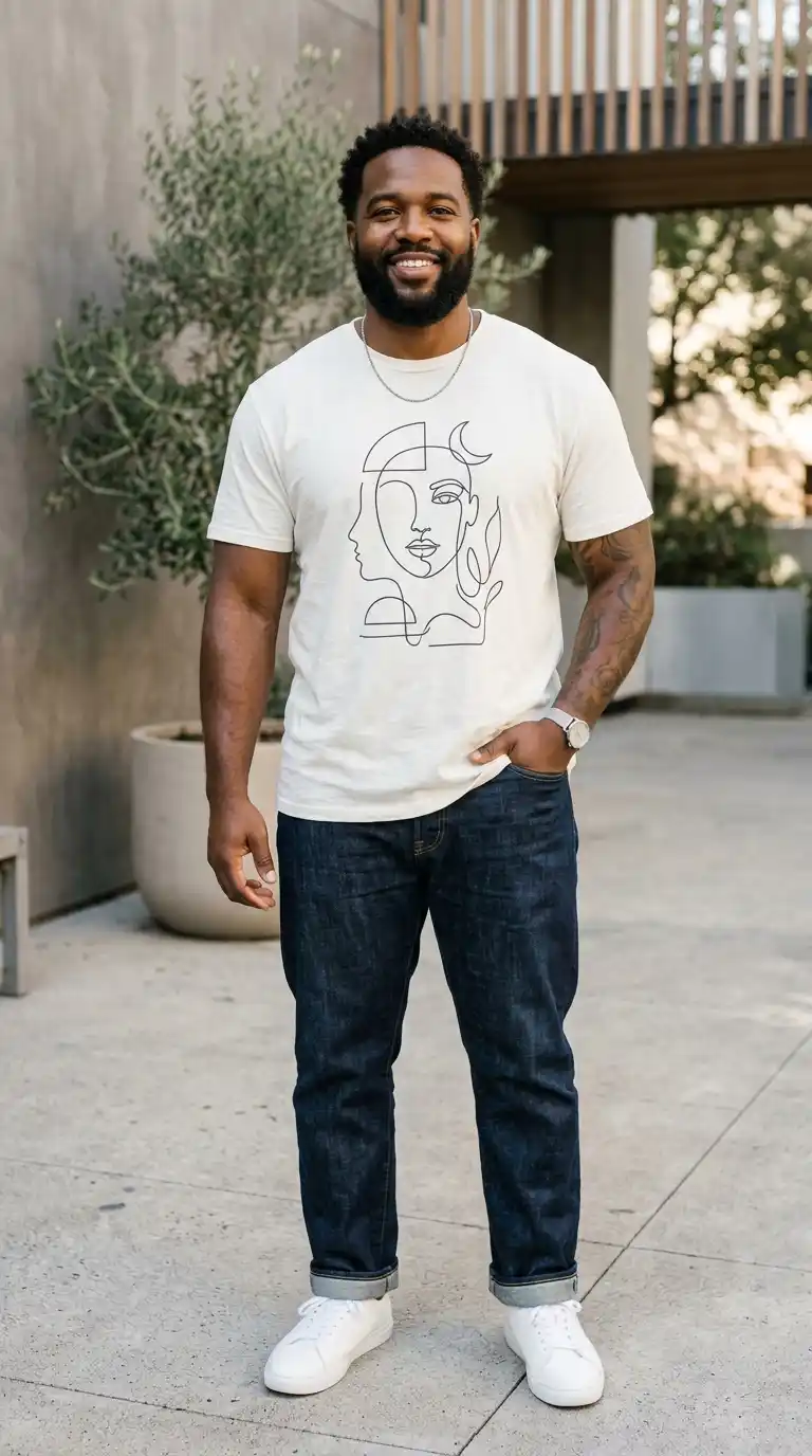 20 Curvy-Friendly Graphic Tees for Curvy Men Over 40 20 17. Minimal Abstract Line Art Tees for Clean Styling