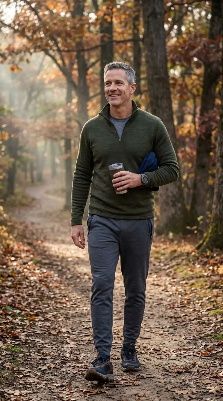 20 Men’s Travel Outfit Ideas for Spring Vacations 21 18. Quarter-Zip Sweater with Joggers for Morning Adventures