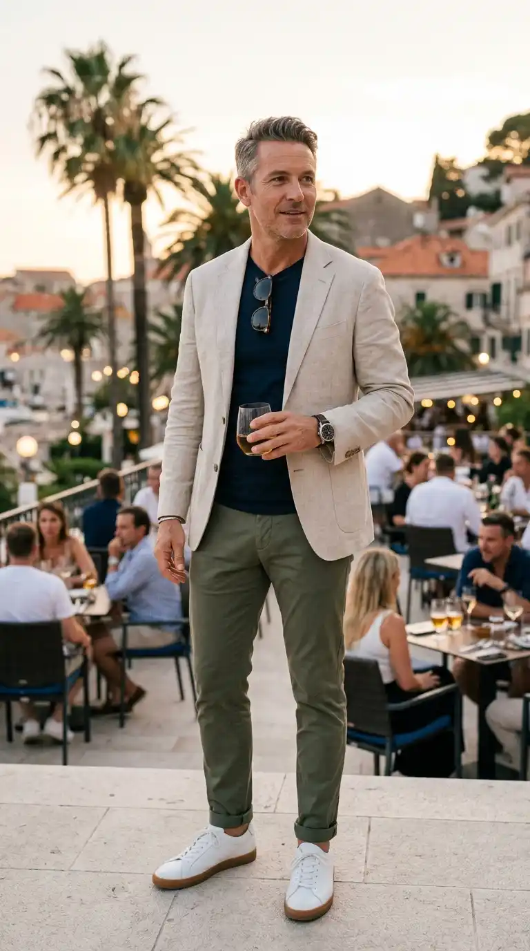 20 Men’s Travel Outfit Ideas for Spring Vacations 22 19. Neutral Blazer with T-Shirt and Sneakers for Evening Style
