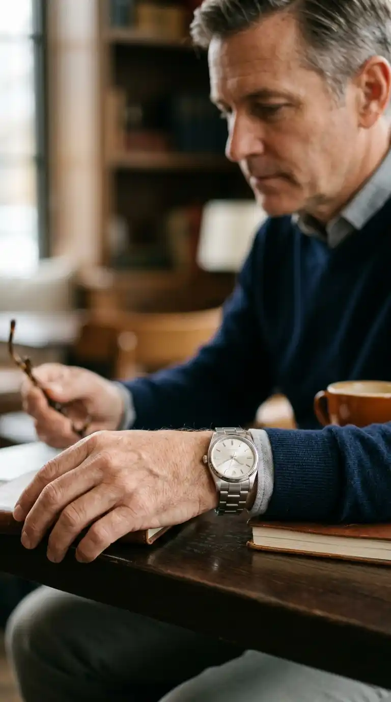 2. A Simple Stainless Steel Watch Adds Quiet Sophistication