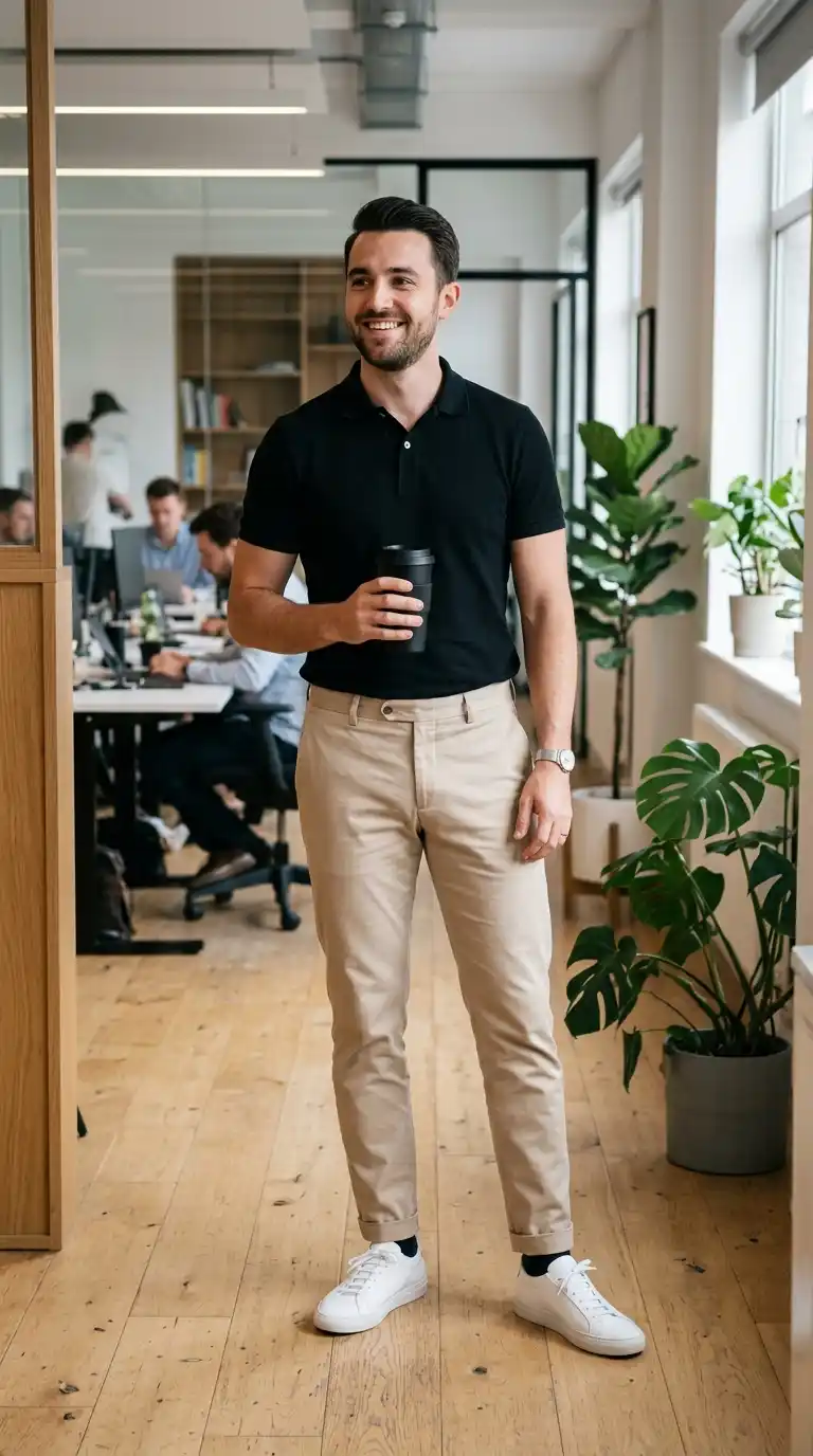 21 Capsule Workwear Outfits for Men (Minimal Office Style) 11 2. Beige Chinos with Black Polo Shirt and Minimal Sneakers
