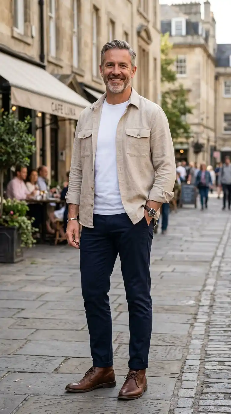 The Wardrobe Edit: 11 Minimalist Outfits for Men That Actually Work 5 2. Beige Overshirt with White T-Shirt and Navy Trousers