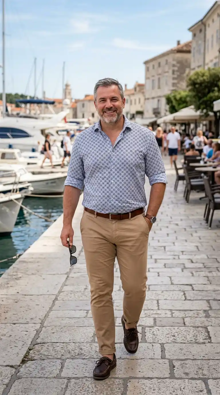 11 Weekend Outfits for Curvy Men Over 40 (casual & Comfy) 5 2. Lightweight Button-Down Shirt with Chinos