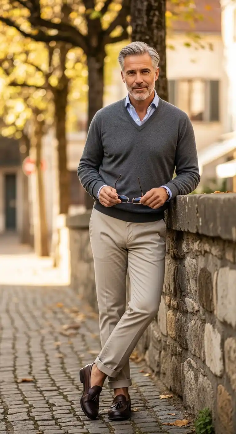 13 Stylish Layered Looks for Curvy Men Over 40 (Fall & Winter) 6 2. Lightweight Sweater Over Collared Shirt with Chinos