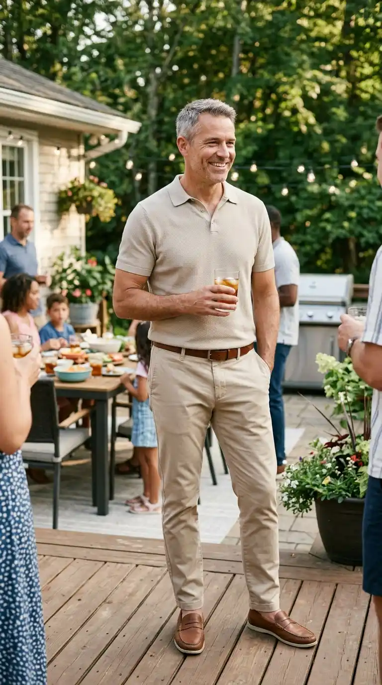 Weekend Outfits for Men Minimalist Wardrobe: 10 Stylish Ideas 5 2. Neutral Polo Shirt With Chino Pants for Relaxed Gatherings